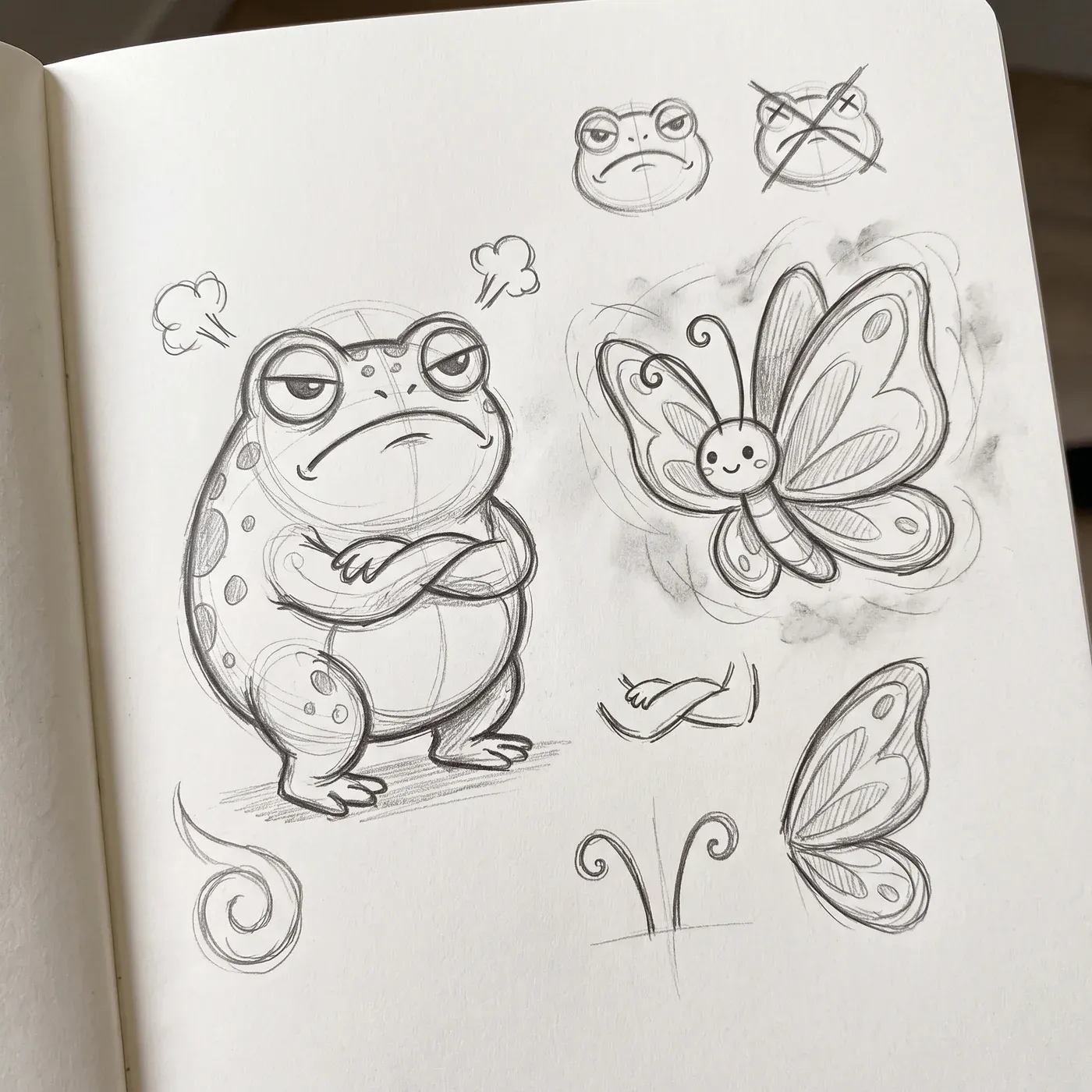 Pencil sketch of Grumbles and the butterfly of light in a notebook