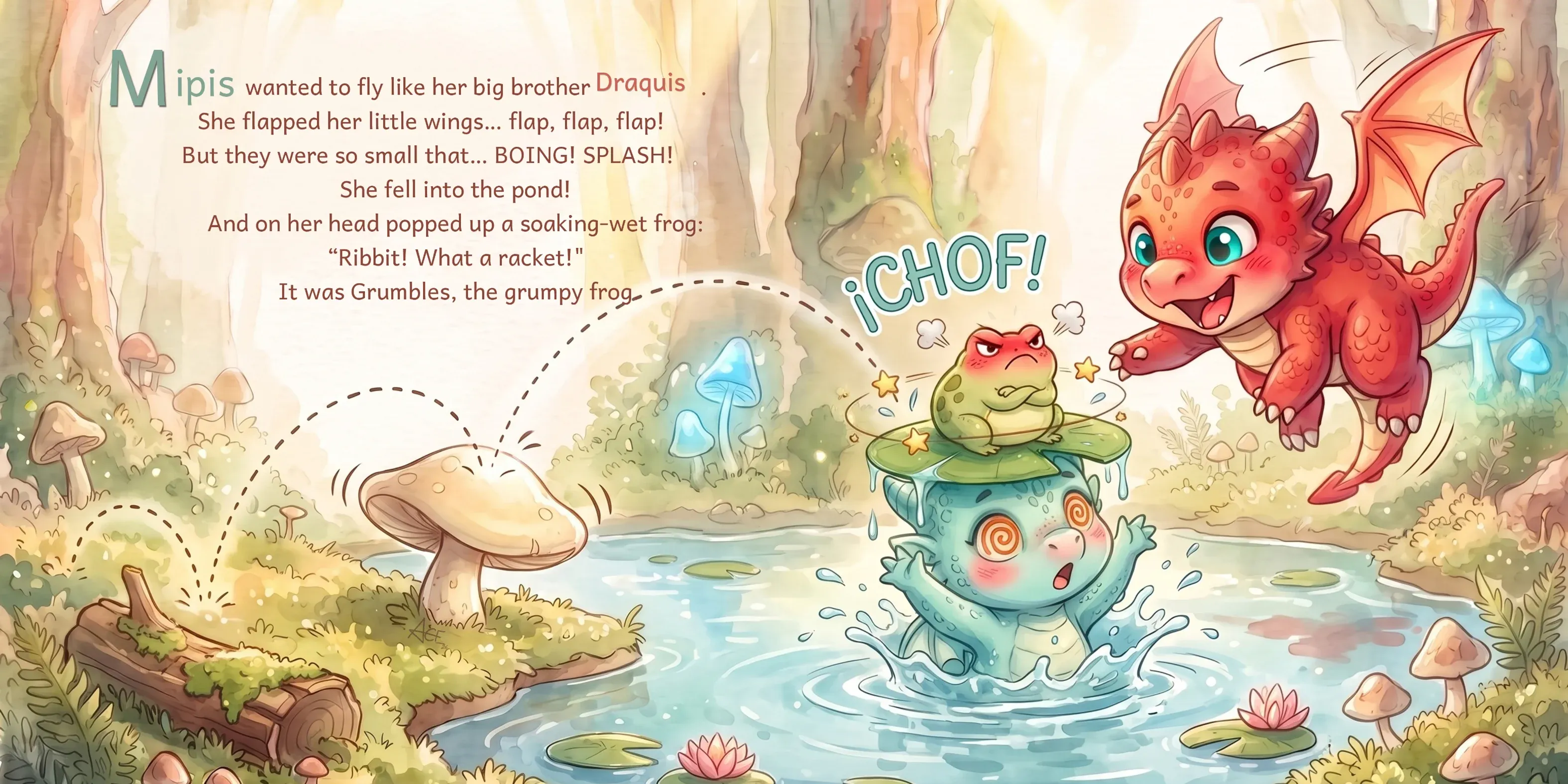 Scene 5 · Mipis tries to fly… and lands in Grumbles' pond! — Draquis & Mipis: What a Racket in the Forest!